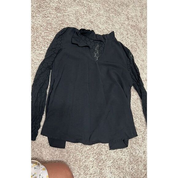 Long lace sleeve V-neck notch lace back blouse - Picture 1 of 3